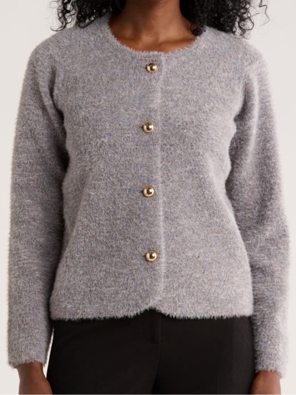 TAHARI Fuzzy Gray Gold Button-Front Knit Cardigan Jacket No Collar S